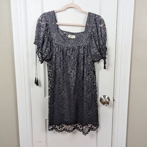 LOFT | Black Lace Square Neck Mini Dress with Tassel Ties Size Medium
